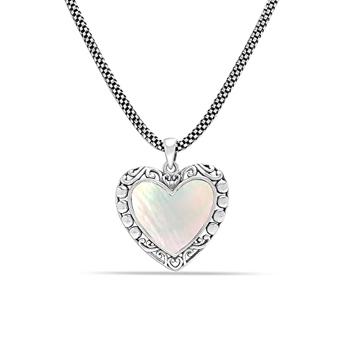LeCalla 925 Sterling Silver Antique Mother Of Pearl Heart Pendant Necklace