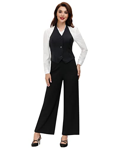 Belle Poque Womens Waistcoat Vest Vintage Black Suit Vest for Office Work(Black,S)