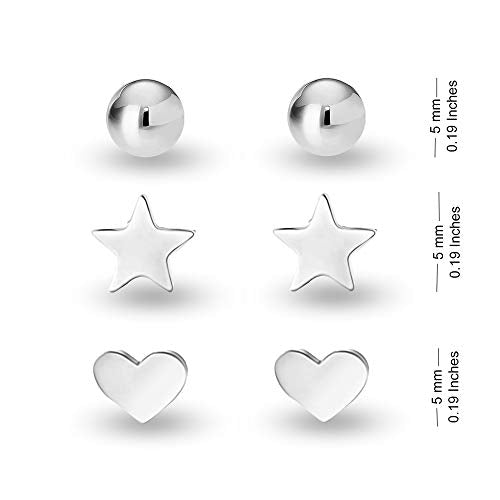 Charmsy Silver 925 Silver Stud Earrings Set Ball Star Heart 3 Pairs