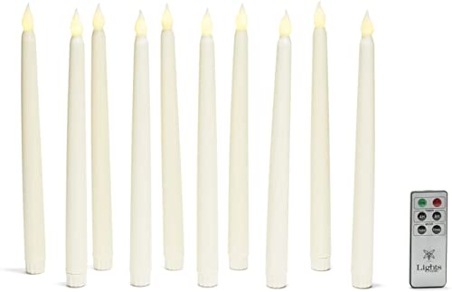 Flameless LED Taper Candles with Timer, Ivory Dipped Wax, 10 Inch Height, Battery Operated, Warm White Flickering Light, Fits Standard Candlestick Holders, Batteries and Remote Included - Set of 10