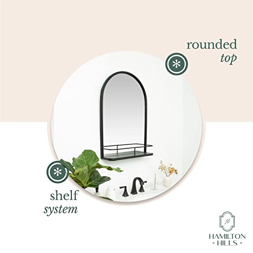 Hamilton Hills 32" x 221/4" Classic Matte Black Glass, Metal Round Mirror | Arched Top Metal Shelf Mirror Entryway Vanity Sink Holder Premium Glass Wall Mirror | Vanity for Bedroom and Living-Rooms