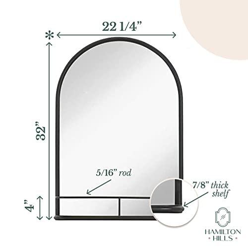 Hamilton Hills 32" x 221/4" Classic Matte Black Glass, Metal Round Mirror | Arched Top Metal Shelf Mirror Entryway Vanity Sink Holder Premium Glass Wall Mirror | Vanity for Bedroom and Living-Rooms