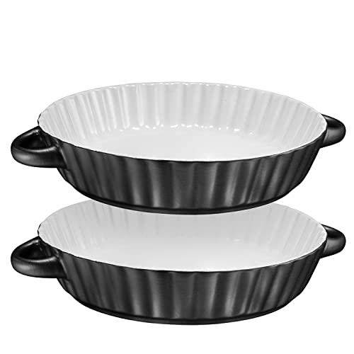 Bruntmor Ceramic Pie Pan with handle for Baking - 8 inch - Deep and Fluted Pie Dish for Old Fashion Apple Pie, Quiche, Pot Pies, Tart, etc - Modern Style Porcelain Ceramic Pie Pan- Black (Set of 2)