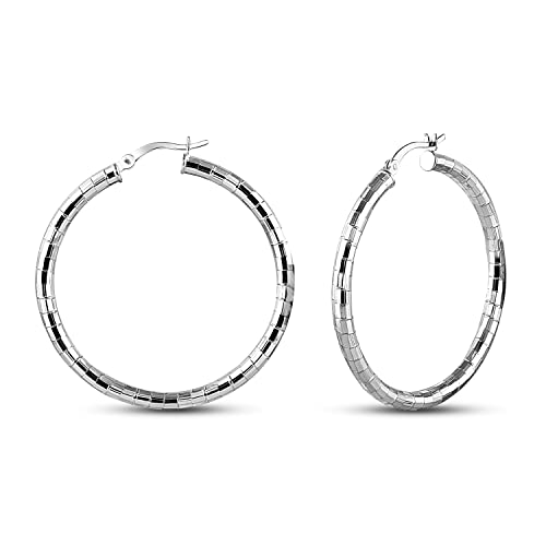 Charmsy 925 Silver Disco Diamondcut Hoop Earrings Textured Pattern 30mm