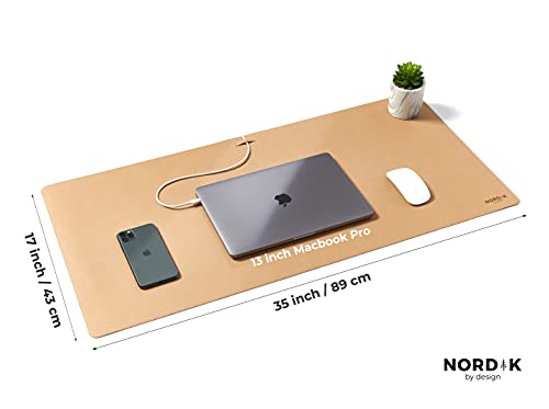 Nordik Leather Desk Mat Cable Organizer (Champagne Beige 35 X 17 inch) Premium Extended Mouse Mat for Home Office Accessories - Non-Slip Vegan Leather Desk Pad Protector & Desk Blotter Pad