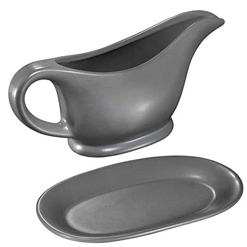 Bruntmor 11 Oz Grey Ceramic Gravy Boat With Tray 11 Ounce Serving Dish Gray