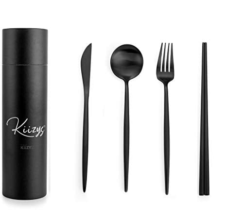 Matte Black Cutlery Set - 16-piece KiiZYs Kitchen Silverware Set - Korean Chopsticks Stainless Steel Flatware Utensil Set - Spoons Forks Knife Dishwasher Safe - New Home Wedding Gifts (Black, 4 Sets)
