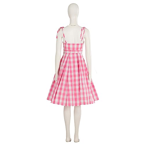 Margot Robbie Cosplay Costume 2023 Movie Barbii Pink Plaid Dress XLarge
