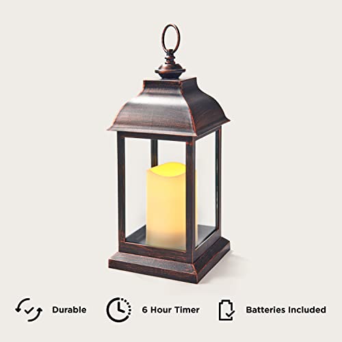 LampLust Decorative Candle Lanterns with LED Candle -12 Inch Tall Battery Powered Dark Brown Lantern with 6-Hour Timer, Rustic Bronze Finish, Flickering LED Light, Autumn & Fall Decor