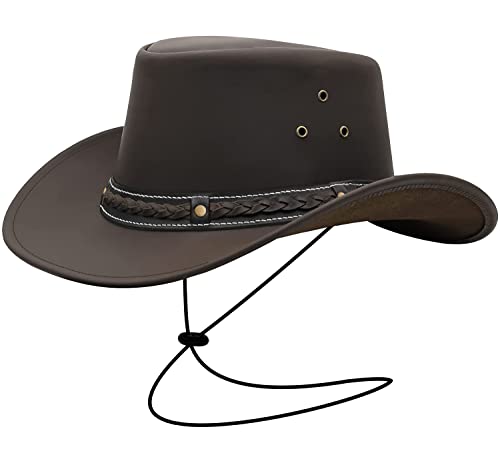 Brandslock Brown Leather Cowboy Hat Handcrafted Lightweight Wide Brim