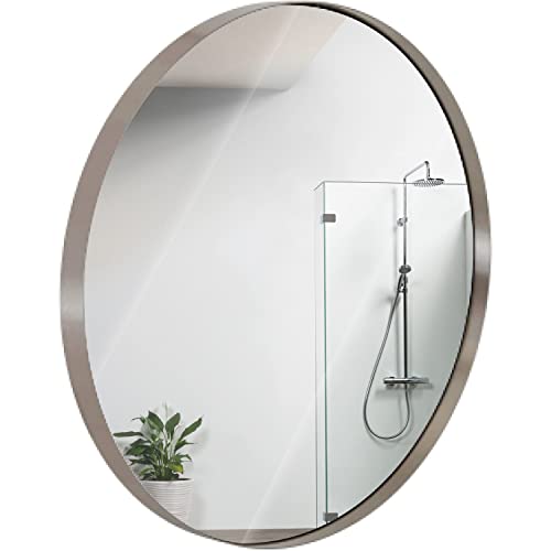 Hamilton Hills 30 inch Large Silver Round Mirror Brushed Metal Framed | Contemporary Classic Deep Set Design | Wall Mount Circle Mirror for Home Decor | Round Vanity Mirror for Bathroom and Bedroom