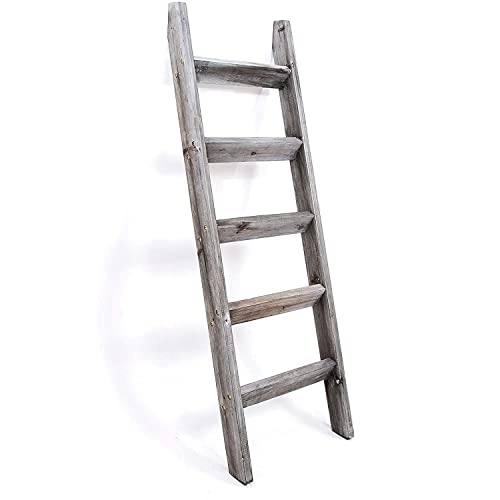Hallops Blanket Ladder 5 ft Premium Wood Rustic Ladder Shelf Thick, Gray White