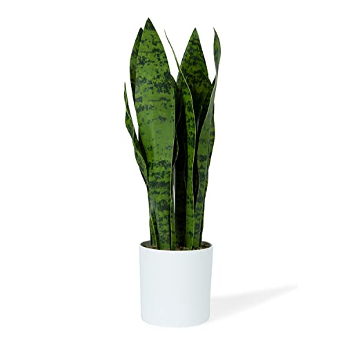 flybold Fake Snake Plant Faux Snake Plant,Large Faux Sansevieria Plant Artificial with 7 Tall Leaves Thick Durable Pot for Indoor Modern Decor Mother in Law Tongue Plant (Green, 16 Inch)