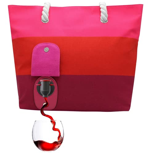 PortoVino Beach Tote Canvas Wine Purse with Hidden Dispenser 2 Bottles Sangria