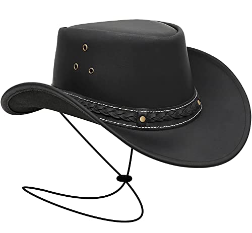 Brandslock Black Leather Cowboy Hat for Men Women Durable Cowgirl Outback Hat