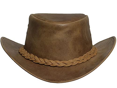 BRANDSLOCK Cowboy Hat Leather Outback Sun Hat with Chin Cord Tan