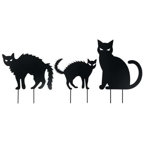 Homarden Halloween Scary Decoration Outdoor - Angry Black Cat Statues, Scare Cats Yard Sign for Halloween Yard Decor - Humane Control Metal Cat Silhouette, Front House Decors Cats Stakes (Set of 3)