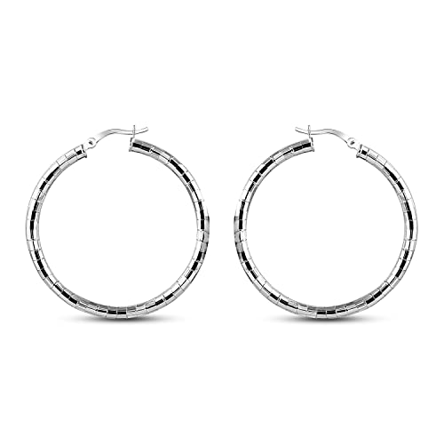 Charmsy 925 Silver Disco Diamondcut Hoop Earrings Textured Pattern 30mm