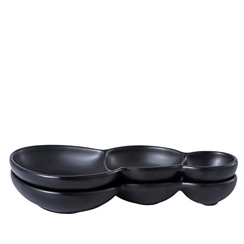 Bruntmor 3-Compartment Modern Matte Porcelain 10.5"Triplet Bowl Set Of 2 Black