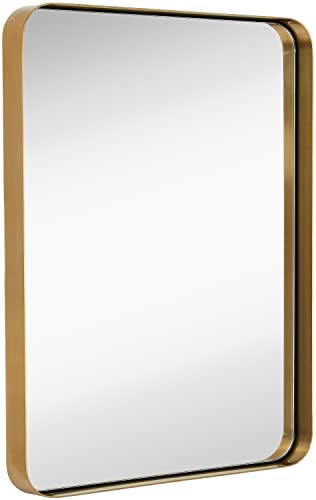 Hamilton Hills 22x30 inch Metal Gold Frame Mirror for Bathroom | Brushed Rectangular Rounded Corner Vanity Gold
