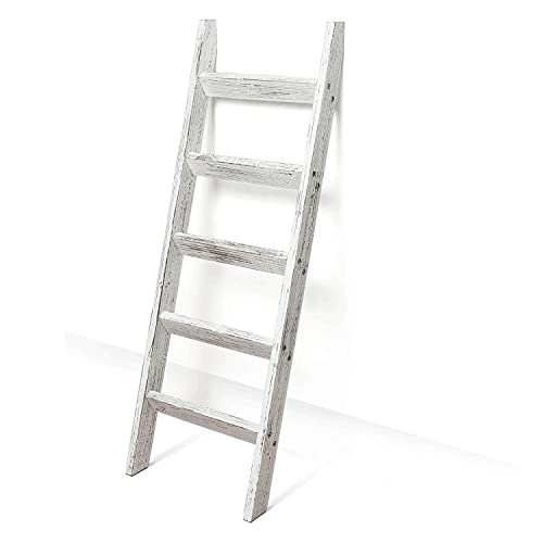 Hallops Blanket Ladder 5 ft | Premium Wood Rustic Ladder Shelf | Ladder Shelf for Quilt | Rustic Farmhouse Decor | Vintange Wooden Ladder Shelf (Thick, White on Brown)