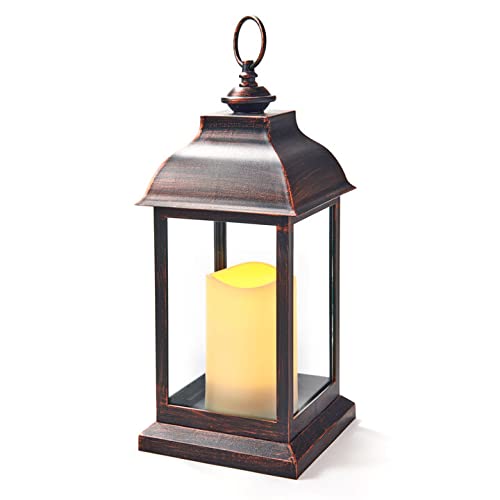 LampLust Decorative Candle Lanterns with LED Candle -12 Inch Tall Battery Powered Dark Brown Lantern with 6-Hour Timer, Rustic Bronze Finish, Flickering LED Light, Autumn & Fall Decor
