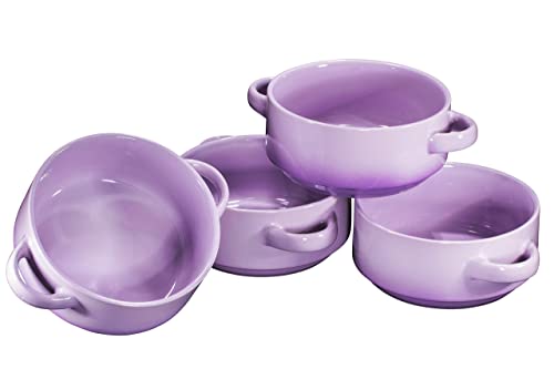 Bruntmor 19 Oz Ceramic Soup Bowl With Handles Set of 4, 19 Ounces Large Ceramic Purpel French Onion Soup Crocks For Kitchen, Side Dish, Cereal Bowl Set Or Christmas Table Decoration