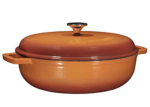Bruntmor 4.5 Quart Pre-seasoned Enameled Cast Iron Dutch Oven With Dual Handles And Lid, Pumpkin Spice Cast Iron Skillet, Shallow Cookware Braising Pan For Cast Iron Casserole Dish
