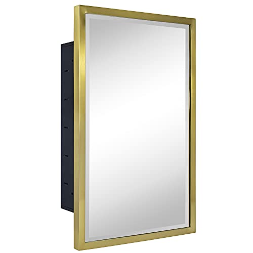 TEHOME Gold Metal Framed Recessed Bathroom Medicine Cabinet with Mirror Rectangle Tilting Beveled Vanity Mirrors for Wall 16 x 24 inches