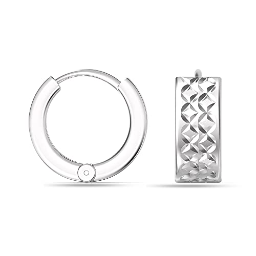 LeCalla Sterling Silver Jewelry SMALL Diamond-Cut Italian Reversible Huggie Hoop Earrings for Women Girls 11MM