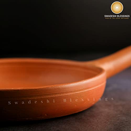 SWADESHI BLESSINGS Unglazed Clay Frying Pan/Earthen Wok/Clay Skillet, 10 Inches Exclusive Range/Curry Sauce Pan/Griddle/Spider Fry Pan