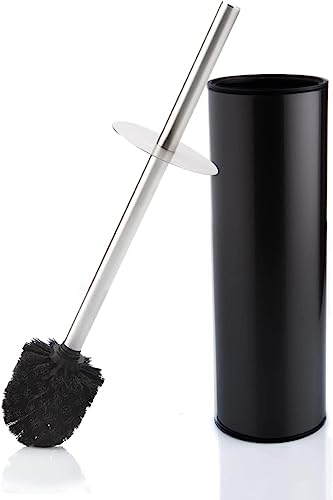 Bamodi Toilet Brush and Holder - Free Standing Stainless Steel Toilet Brushes with 2 Extra Brush Head - Closed Hideaway Design Scrubber Brush with Stiff Bristles for Deep Cleaning (Matt Black)