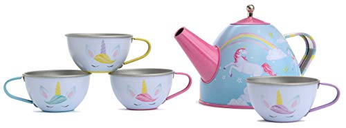 Jewelkeeper 15 Piece Kids Pretend Toy Tin Tea Set & Carrying Case - Rainbow Unicorn Design