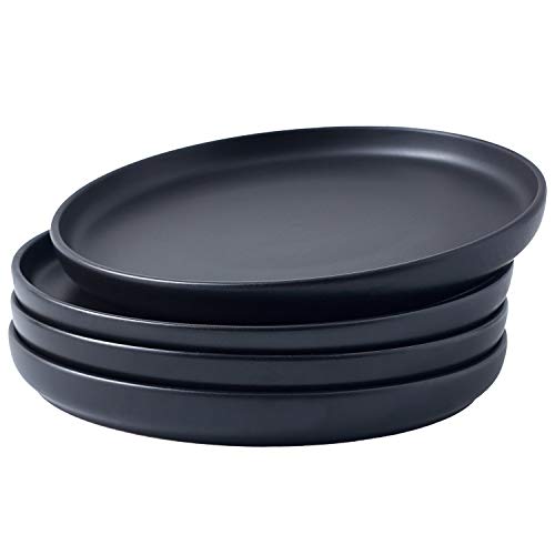 Bruntmor 8" Ceramic Plate Set of 4, Cute Round Black Ceramic Salad Plate For Kitchen Plate, Ceramic Dinner Plate Dish Set, Christmas or Thanksgiving Ceramic Plates
