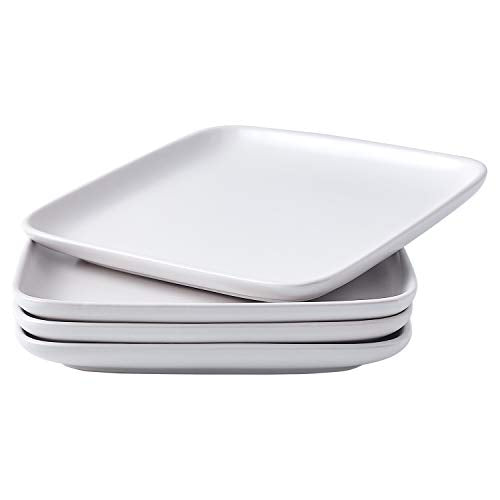 Bruntmor Ceramic Dinner Plates Set of 4, 10 inch Dish Set - Microwave, Oven, and Dishwasher Safe, Scratch Resistant, Modern Square Dinnerware- Kitchen Porcelain Serving Dishes - White