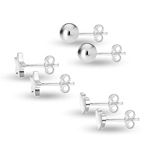Charmsy Silver 925 Silver Stud Earrings Set Ball Star Heart 3 Pairs