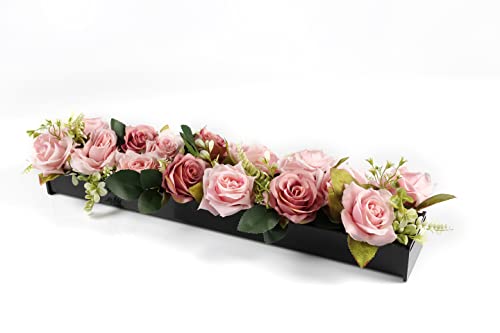 E&F Modern Designs™ Rectangular Floral Centerpiece for Dining Table - 24 Inches Long Rectangle Vase - Black Acrylic Modern Vase - Low Laying Unique Flower Vases for Home Decor or Weddings (LED Black)