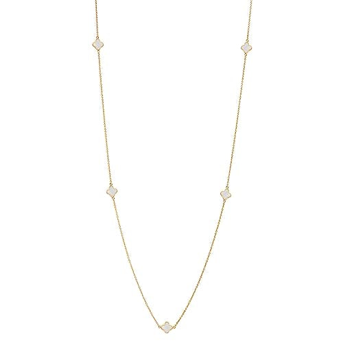 LeCalla 14K Gold-Plated 925 Sterling Silver Mother of Pearl Clover Station Long Necklace for Women
