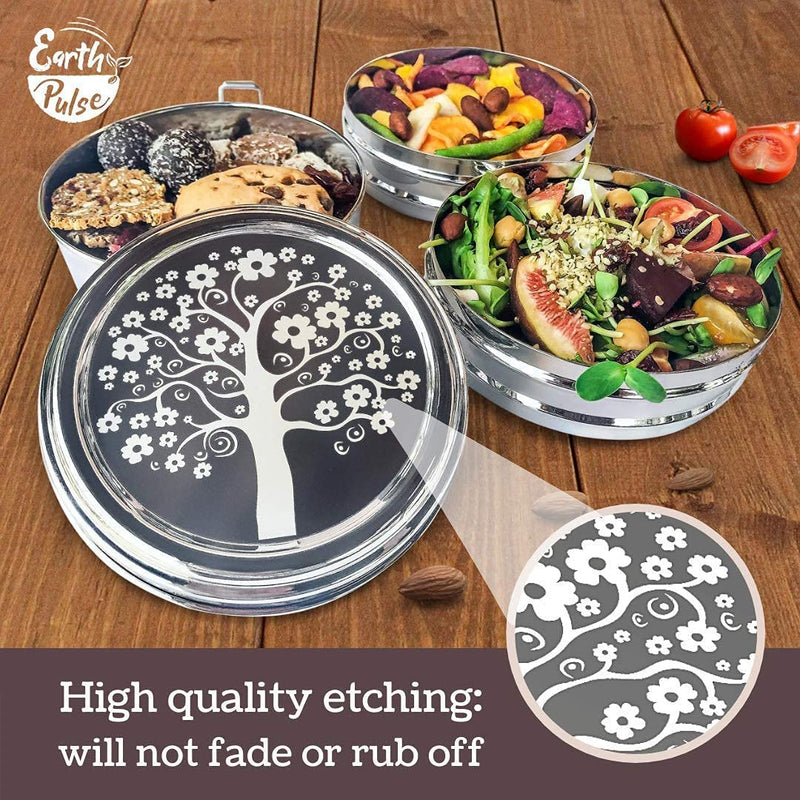 Stainless Steel Bento Box with Tree of Life Etching Round 3 Tier