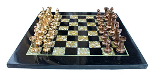 StonKraft - 15" x 15" Non-Folding Professional Tournament Flat Collectible Chess Game Board Set - Black Marble & Mother of Pearl (MOP) with Brass Chess Pieces