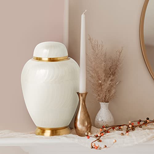 ALWAYS ADORED Decorative Urn Burial Urns Ashes Adult Male Female Large Brass Cremation Urns for Human Ashes Adult Size Funeral Urn for Men or Women, White Urns for Human Ashes Adult Female, Gold Trim
