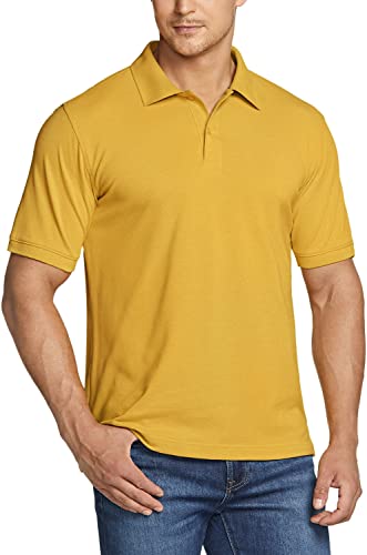 TSLA Men's Cotton Pique Polo Shirts Classic Fit Short Sleeve Solid Casual Shirts Performance Stretch Golf Shirt Cotton Blend Polo Yellow Large
