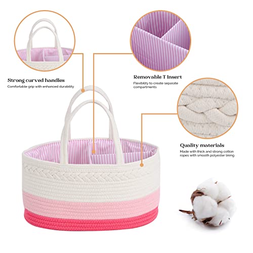 luxury little Diaper Caddy Organizer, Large Cotton Rope Nursery Basket, Changing Table Organizer for Baby Diaper Storage, Portable Car Organizer with Removable Divider, Baby Shower Gifts - Pink