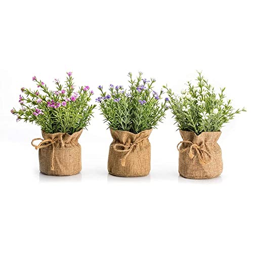 Velener Mini Babys Breath Flowers in Burlap Pot Set of 3