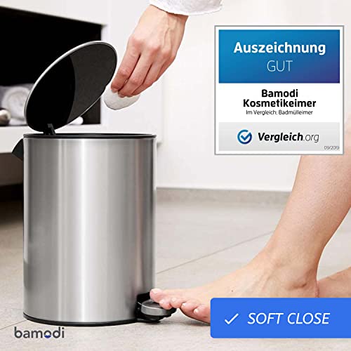 Bamodi Bathroom Bin 3L – Bathroom Bins with Lids – Small Pedal Bin for Bathroom, Toilet, Restroom – Stainless Steel Rubbish Waste Trash Can with Removable Inner Bucket (Silver)