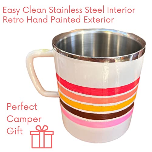 BOUDIKAA Campfire Mug - Enamel Backpacking Cup for Women and Girls - Cool Touch Double Walled Stainless Steel Coffee Mug - Tin Mug for Hot Chocolate - Cream Stripe