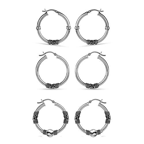 Set of 3 Pair 925 Sterling Silver Top Bali Hoop Earring for Women 30MM