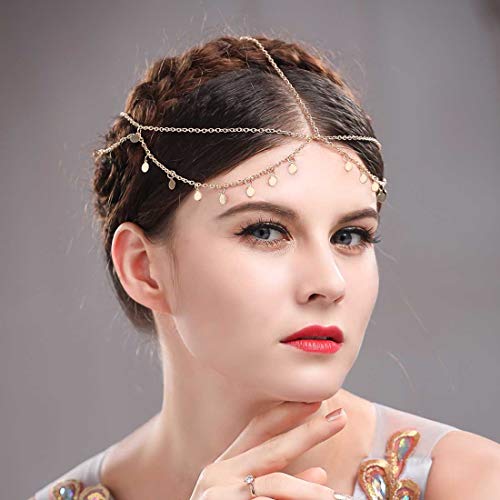 Aukmla Gold Sequins Head Chain Jewelry Festival Halloween Prom Costume Hair Accessories Fashion Headbands Headpieces for Women and Girls