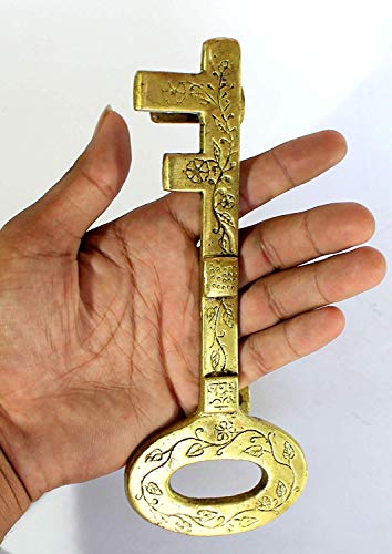 Esplanade 7.5" Brass Treasure Key Design Door Handle  Single Piece Door Decor