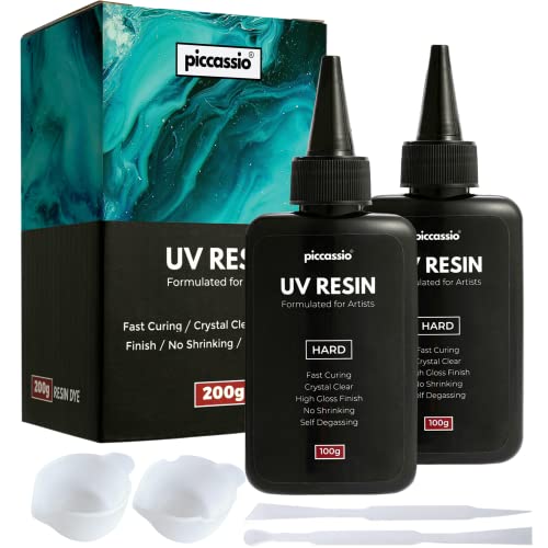 Piccassio UV Resin 200g - Upgraded Clear Hard Type UV Glue - Rapid Cure Craft Resin Using UV Light - Casting and Coating - Make DIY Crafts - Jewelry, Keychains, Clear-Cast Parts in Minutes